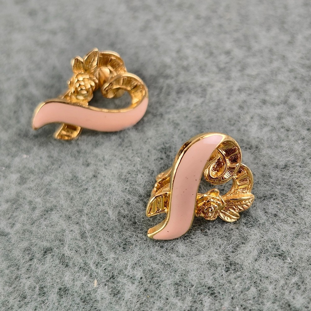 1996 AVON Earrings Breast Cancer Awareness Pink Ribbon Gold Toned Push Backs